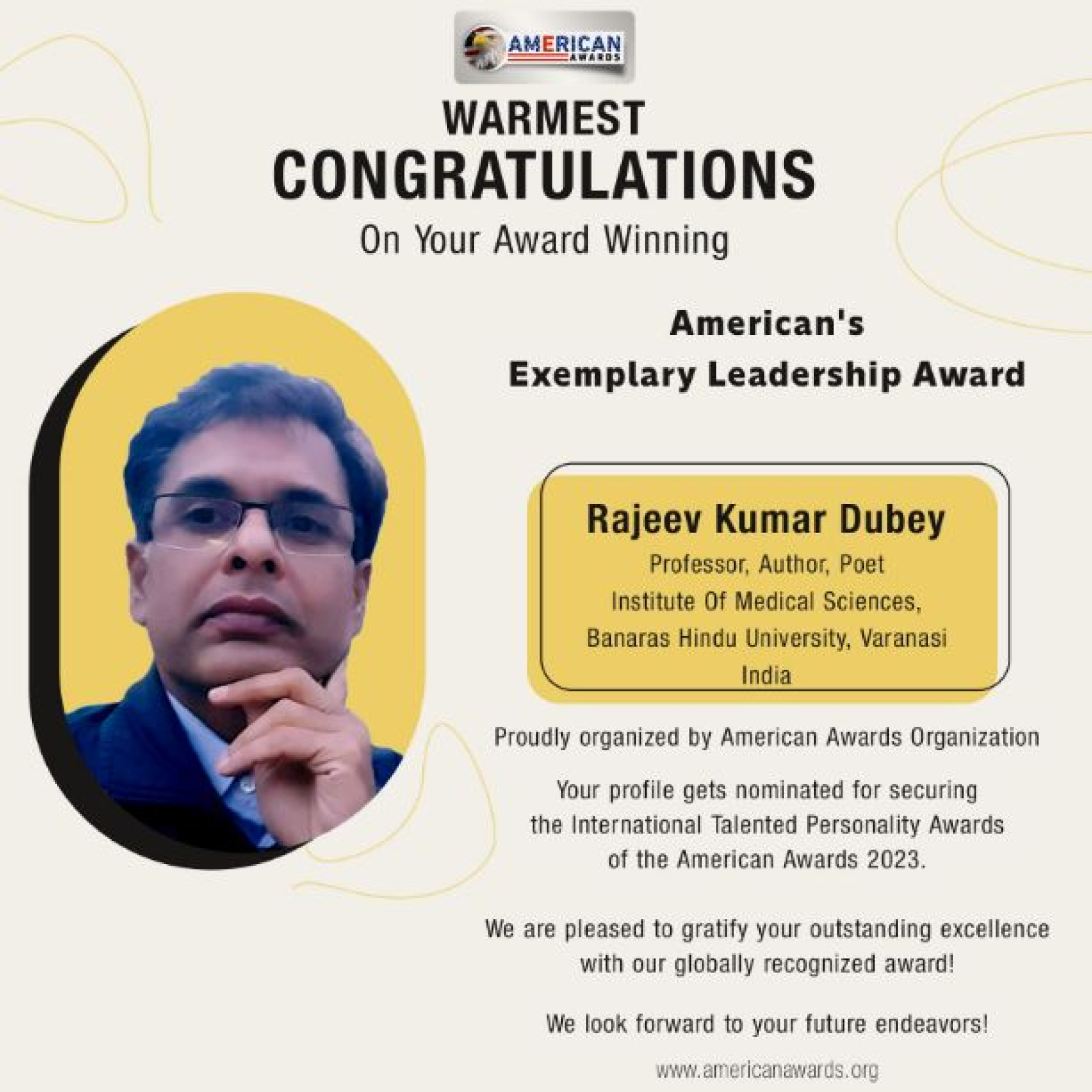 Rajeev Kumar Dubey Has bagged American's Exemplary Leadership Award