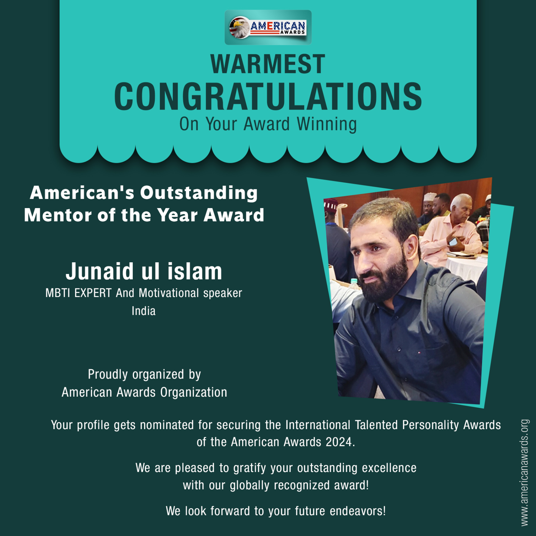 Junaid ul islam has won American's Outstanding Mentor of the Year Award