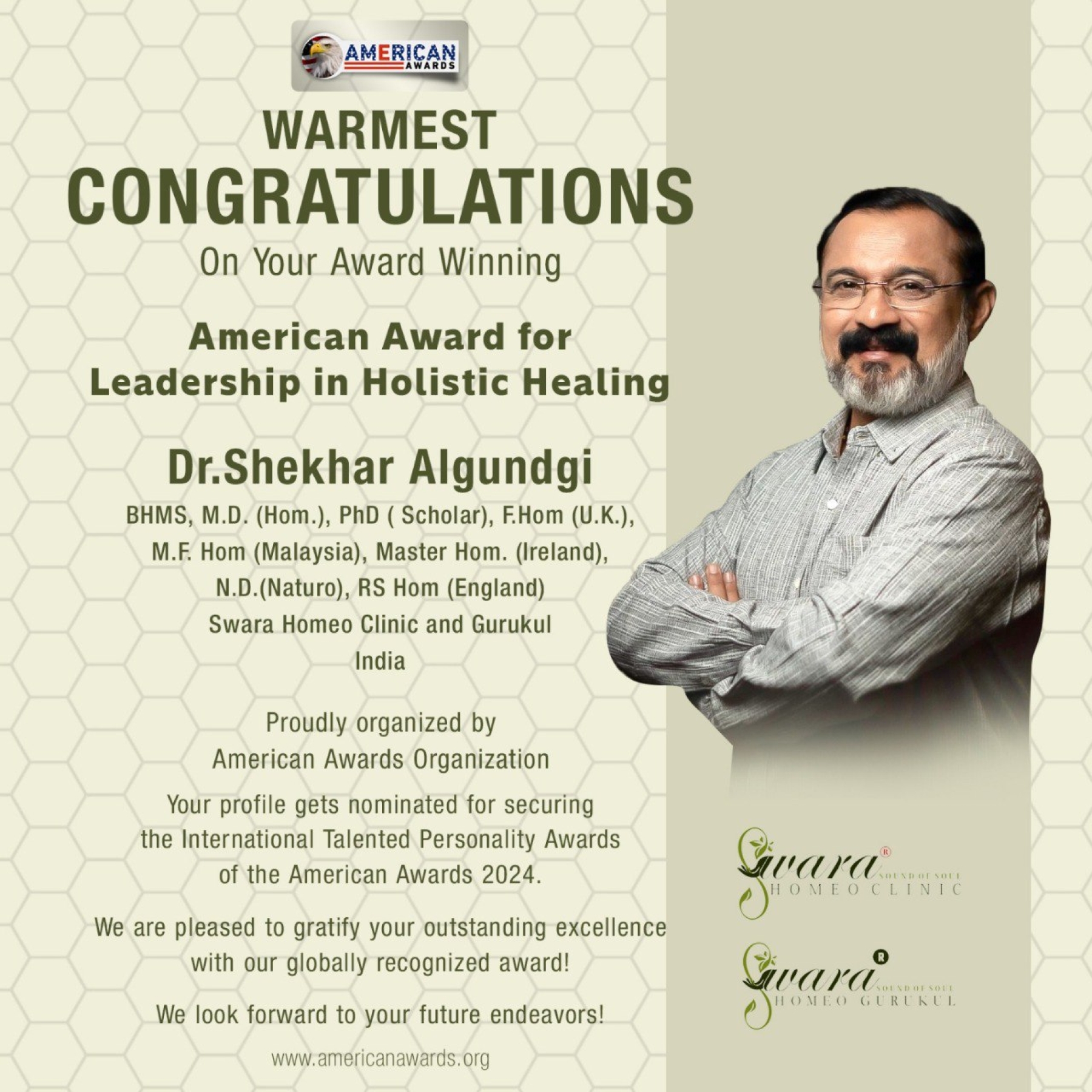 Dr Shekhar Algundgi has bagged American Award for Leadership in Holistic Healing