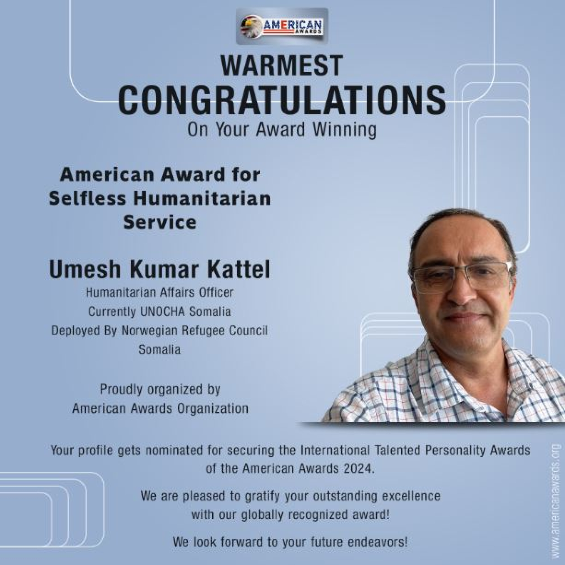 Umesh Kumar Kattel has won American Award for Selfless Humanitarian Service